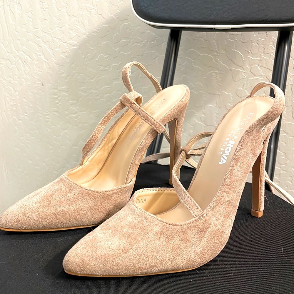 Fashion nova nude suede tie up heels